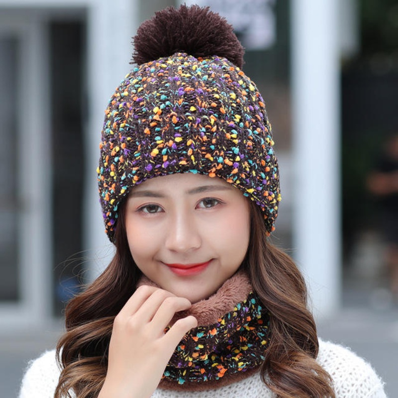 Thick Warm Wool Cap Bib Two-piece Set Beanie Warm Winter Pom Cap