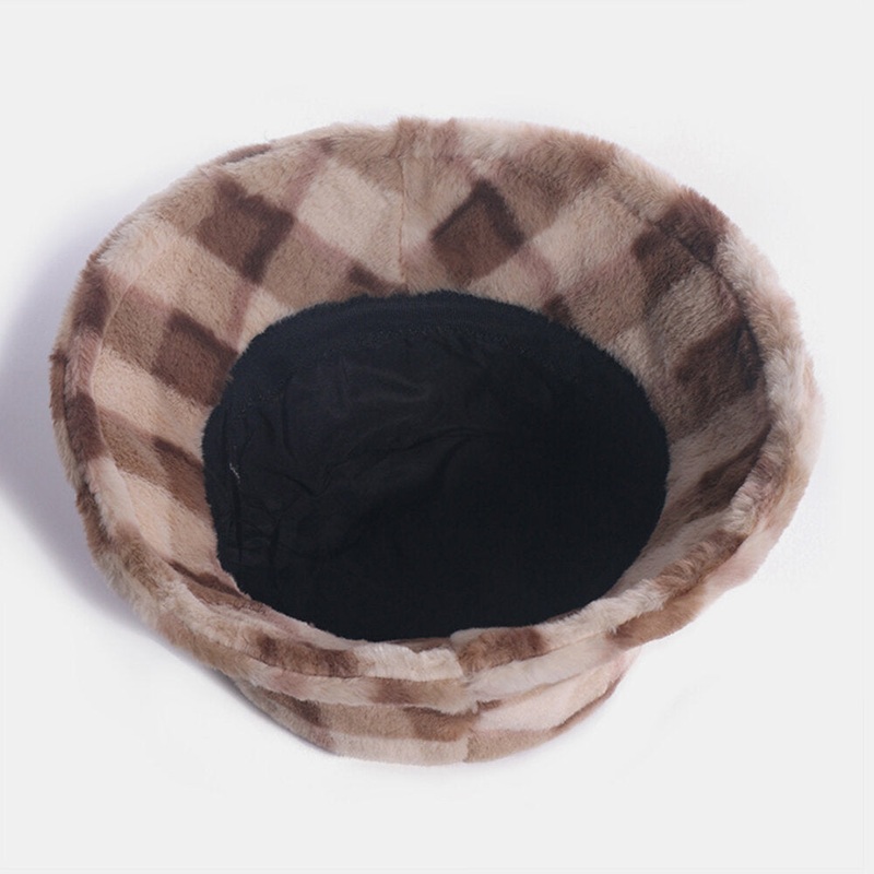 Unisex Rabbit Hair Plaids Pattern Plus Thicken Warm Windproof Soft All-match Travel Bucket Hat