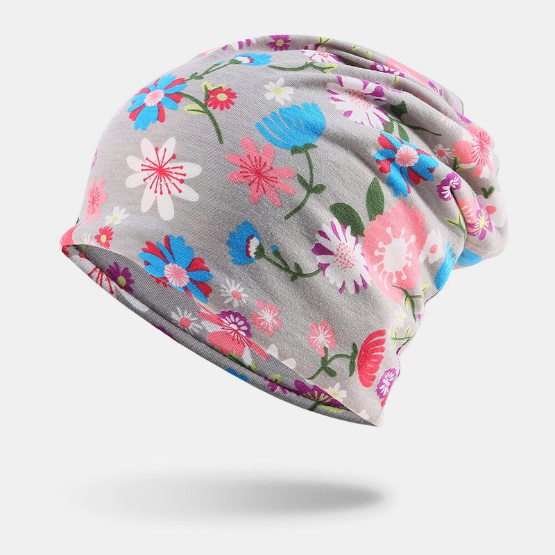 Women Cotton Colored Floral Printing Pattern Casual Outdoor Dual-Use Neck Protection Brimless Beanie