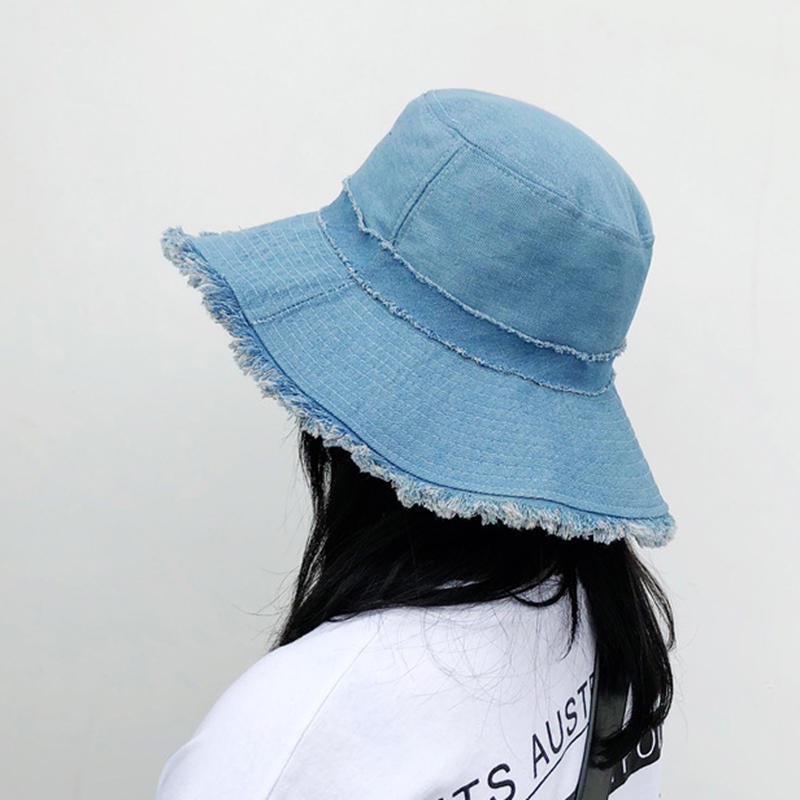 Women Denim Old Shabby Sunshade Bucket Hat Outdoor Sunscreen Big Visor Hat Floppy Hat
