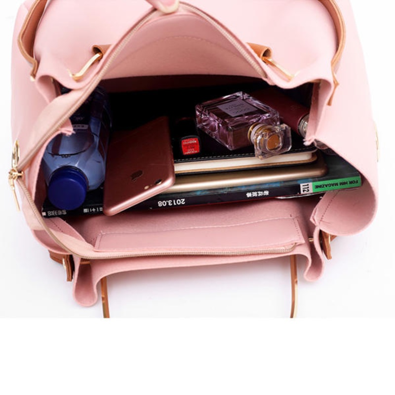 Women Leisure Faux Leather 2 Pcs Bucket Bag Crossbody Bag Shoulder Bag Handbag