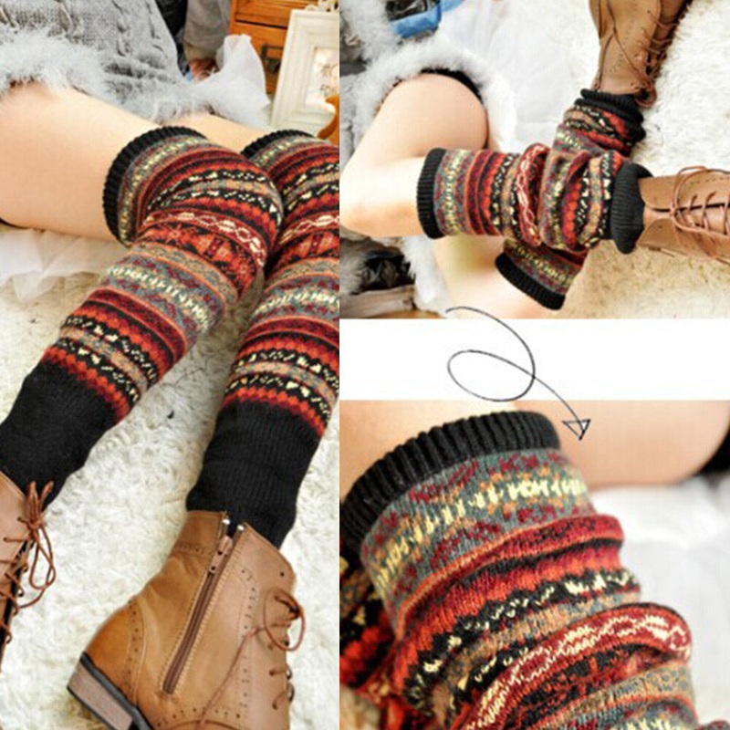 Women Wool Plus Thicken Keep Warm Stripe Pattern Winter Boots Cover Leggings Socks Stockings