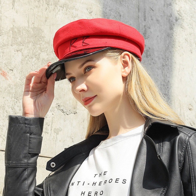 Women Woolen Flat Hats Navy Hat British Style Chain Octagonal Hat Beret