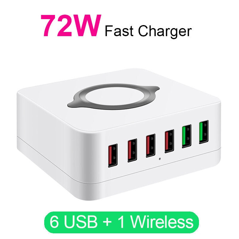 Bakeey 72W 6-Port USB Charger QC3.0 Quick Charge Desktop Charging Station 10W Wireless Charger For iPhone 11 SE 2020 For iPad Pro 2020 For Samsung Huawei
