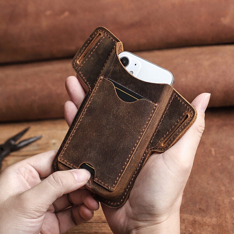 Casual Phone Bag with Card Slot Cowhide Leather Men Belt Waist Bag Sidebag Pack for iPhone 12 Series For Ulefone Note 11P case Ulefone Armor 11 case UMIDIGI BISON Global Bands case DOOGEE S96 Pro case