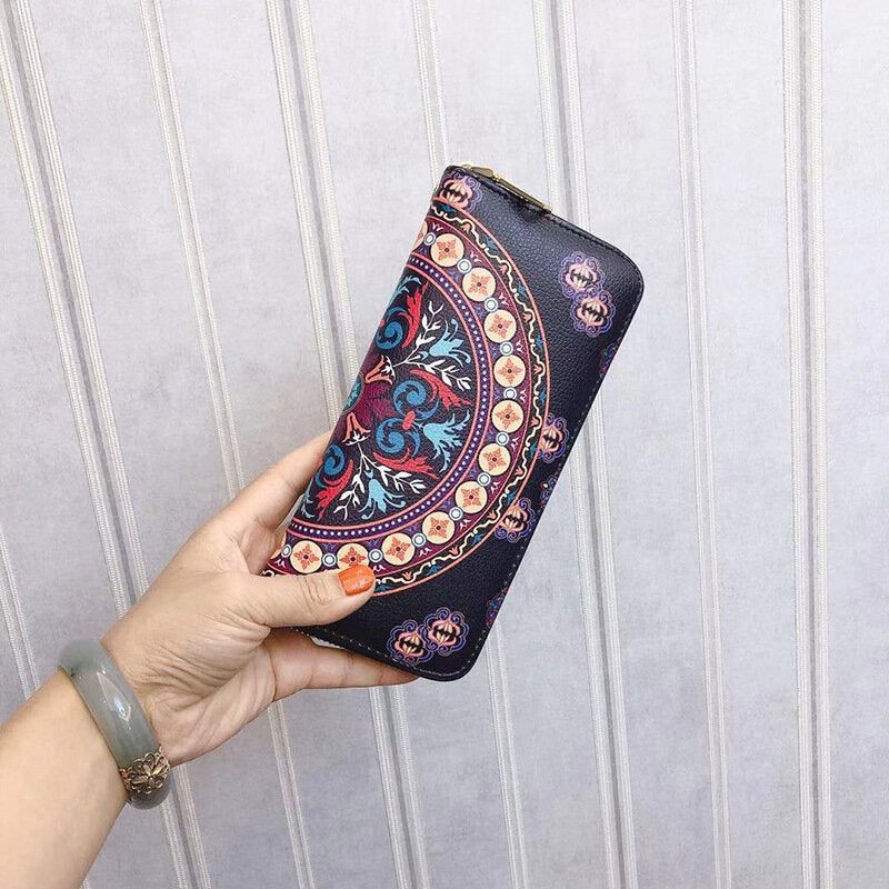 Ethnic Print Zipper Large Capacity Mobile Phone Coins Money Storage Wallet Purse