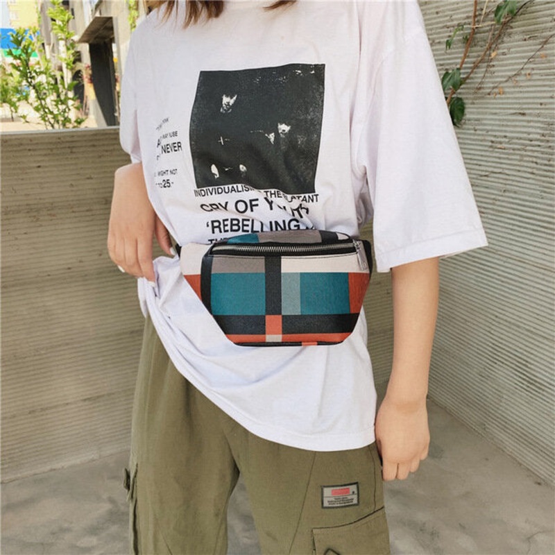 Fashion Geometric Pattern Large Capacity PU Leather Mobile Phone Storage Shoulder Crossbody Bag Waist Packs