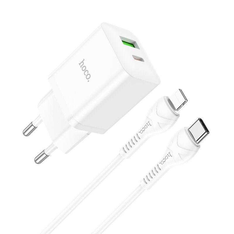 HOCO N28 20W 2-Port USB PD Charger PD20W+QC3.0 Dual Port Fast Charging Wall Charger Adapter EU Plug with 1m Long Type-C to iP Cable for iPhone 14 Pro for iPad Pro