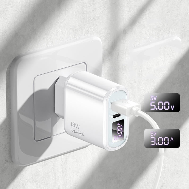 USAMS T30 18W QC3.0 PD3.0 Digital Display Fast Travel USB Charger for Samsung S10 for iPhone 11 Pro Max Huawei LG