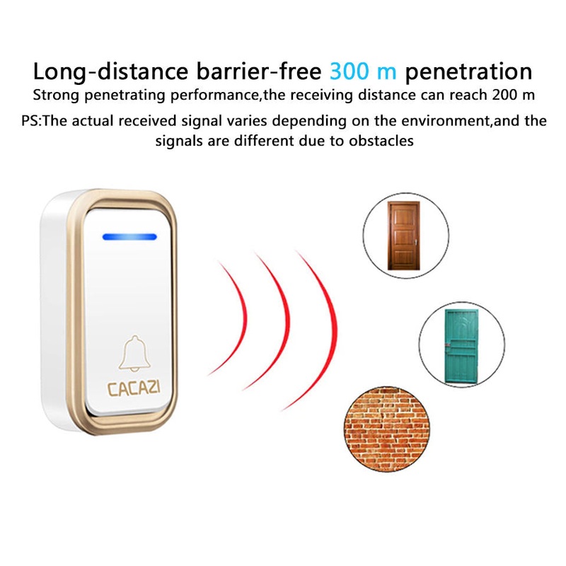 CACAZI A10F Waterproof Wireless Doorbell 300M Remote Door Bell Chime 220V 2 Button 1 Receiver
