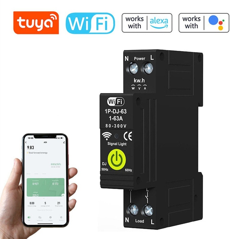 Tuya WiFi Intelligent Circuit Breaker ON OFF Timing Photovoltaic Bidirectional Metering Energy Meter Automatic Reclosing Protector with Metering and Prepaid Function Compatible with Alexa and Google Assistant for Voice Control