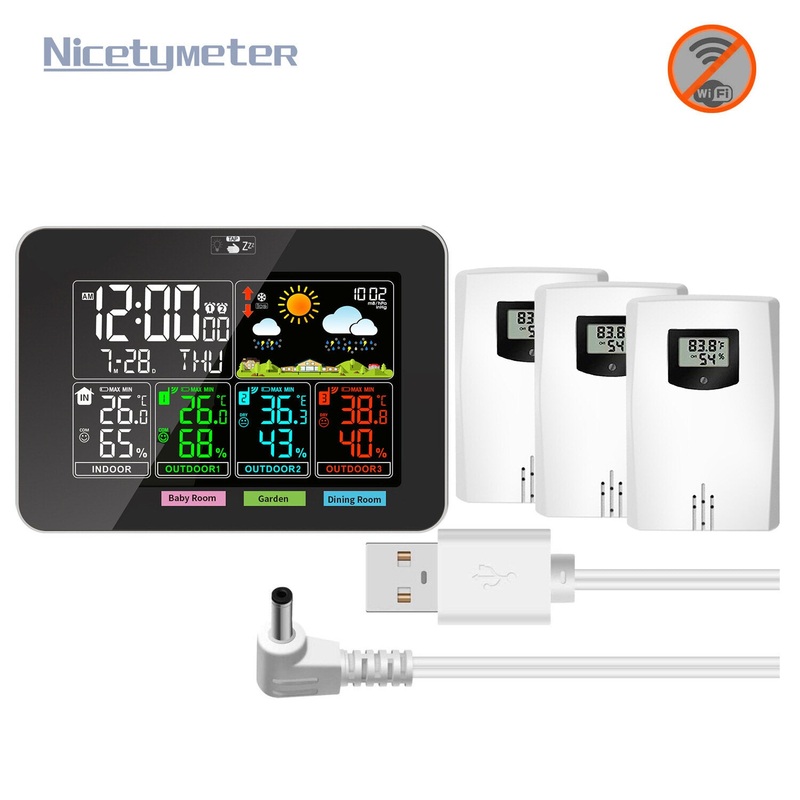 Wireless Weather Clock with 3 Temperature Humidity Sensors – Indoor/ Outdoor, Accurate Forecast Air Pressure Detection 12/24-Hour Clock Alarm Function Multiple Language Support USB Powered