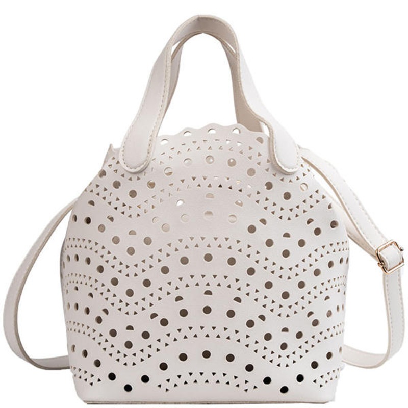 2 PCS Women Hollow Out PU Leather Bucket Bag Solid Crossbody Bag
