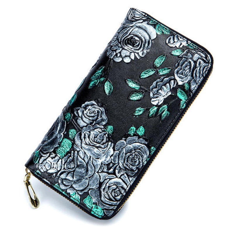 Brenice Women Embossing Rose Floral Zipper Card Holder Coin Purse Long Wallet