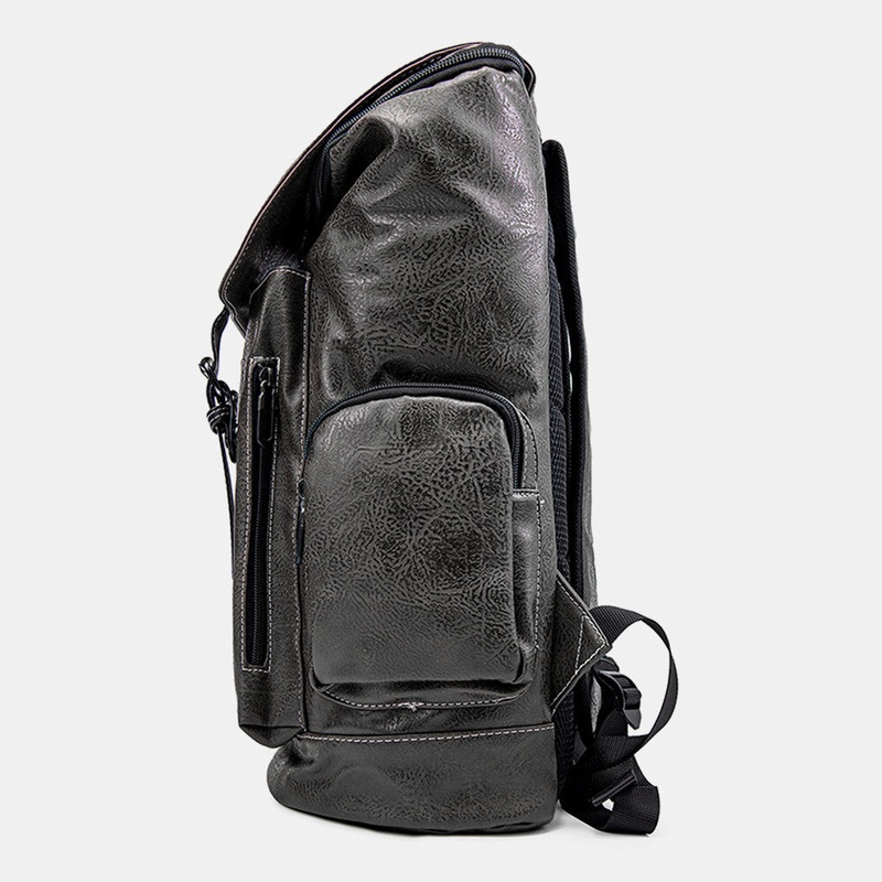 Men PU Leather Multi-pocket Large Capacity Student Backpack Vintage 15.6 Inch Laptop Bag