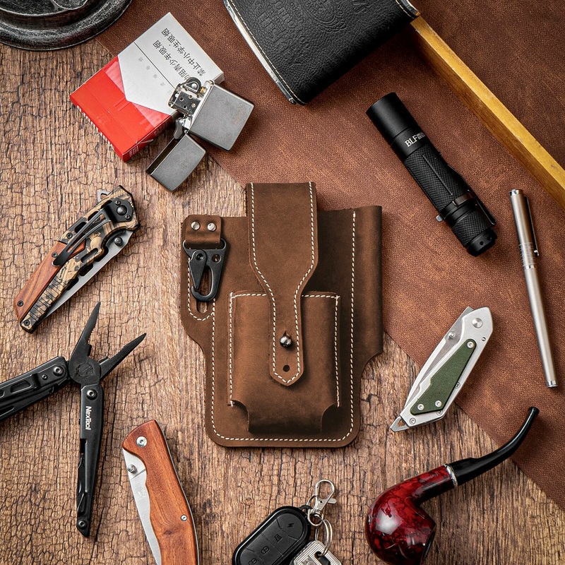 Menico Men Genuine Leather EDC Multitool Pen Keychain Organizer Waist Belt Bag