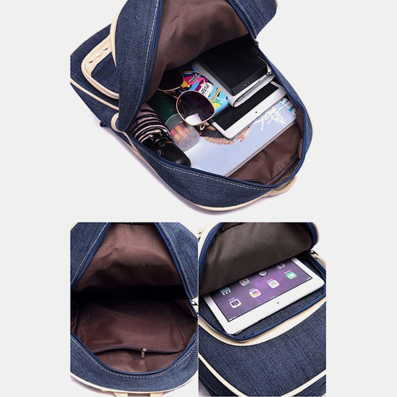 Women Canvas Cute Cat Print Patchwork Casual Backpack School Bag