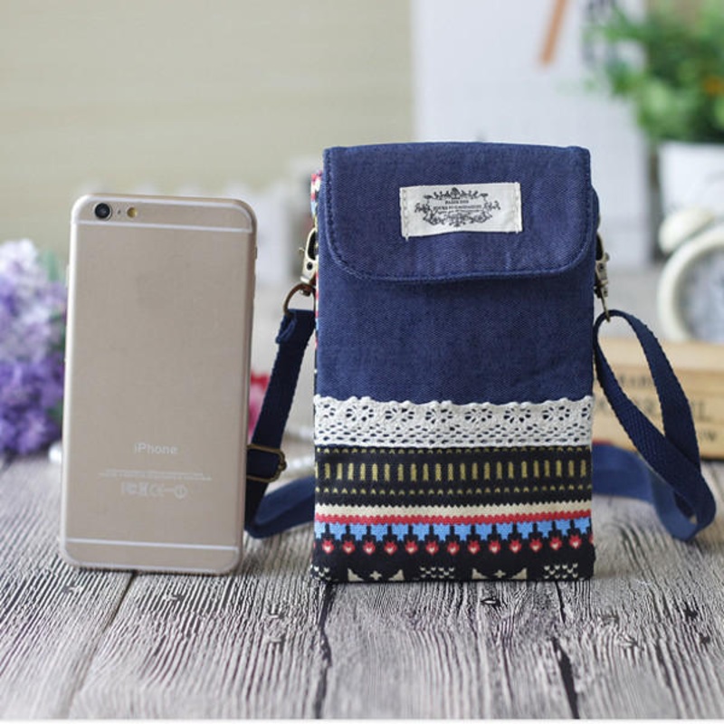 Women Denim Three Interlayers Flower Printing Mini Shoulder Bags Lace Crossbody Bags 6.0” Phone Bag