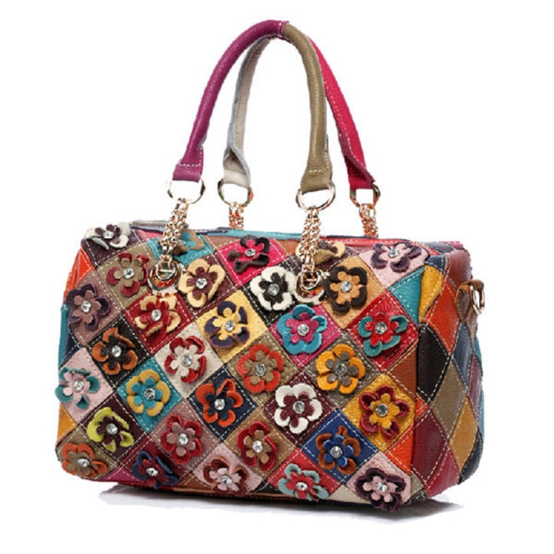 Women Elegant Cowhide Flower Patchwork Crossbody Bag Handbag
