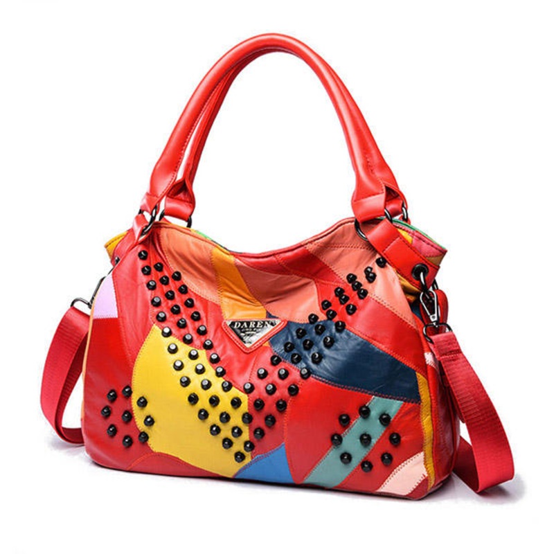 Women Genuine Leather Rivet Fashion Patchwork Handbag Crossbody Bag