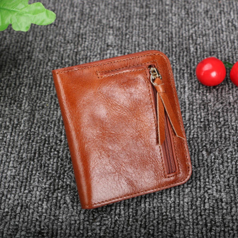 Women Genuine Oil Leather Zipper Short Wallets Girls Retro Purse Card Holder Coin Bags