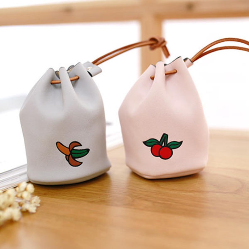 Women Pu Leather Fruit Pattern Coin Bag String Change Bag