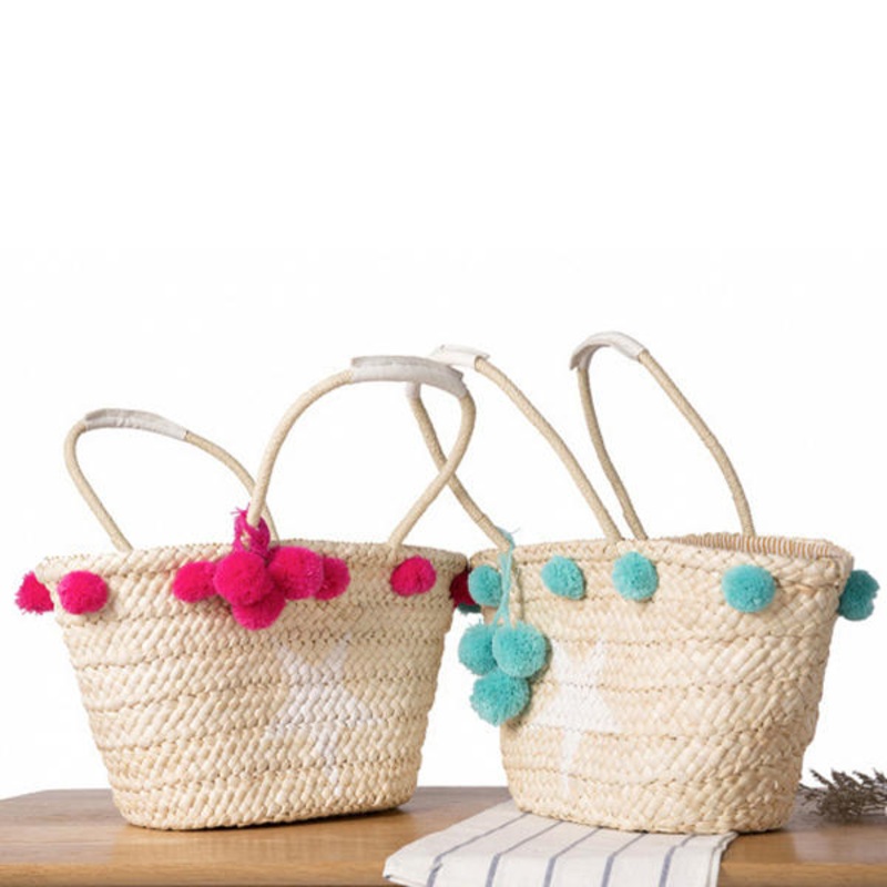 Women Woven Straw Beach Handbag Travel Plush Ball Bag Tote Bag