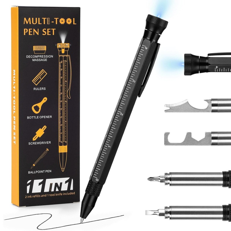 12-in-1 Multitool Pen with LED Light Decompressor Massager and Screwdrivers Durable Aluminum Metal Design Ideal Gift for Holidays