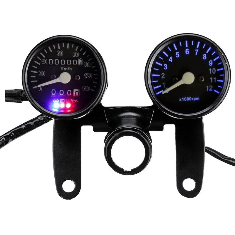 12V Motorcycle LED Backlight Odometer and Tachometer Speedometer Dual Gauge Black Universal