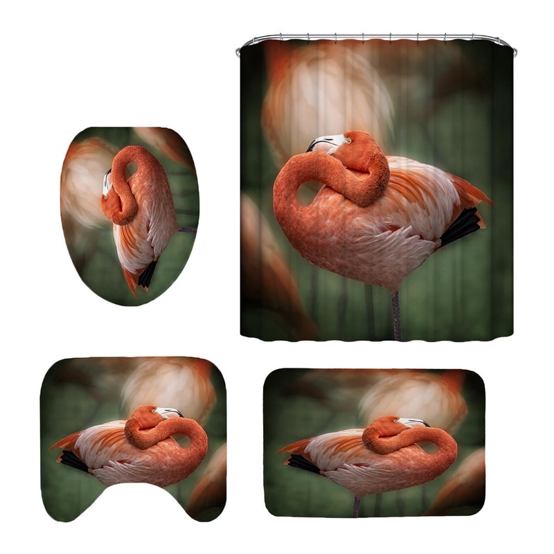 Flamingo Bathroom Waterproof Shower Curtain Non-slip Toilet Cover Rug Set