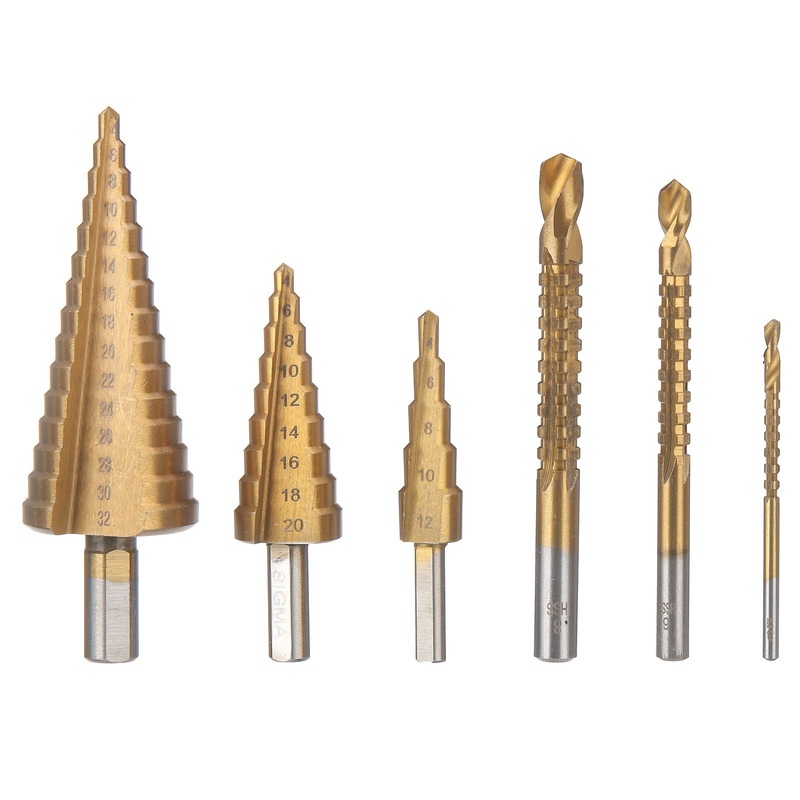 6PCs HSS Step Drill Bit Sets Straight Titanium Coated Cone Hole Cutter Automatic Center Punch Spiral Twist Saw Drill Bi