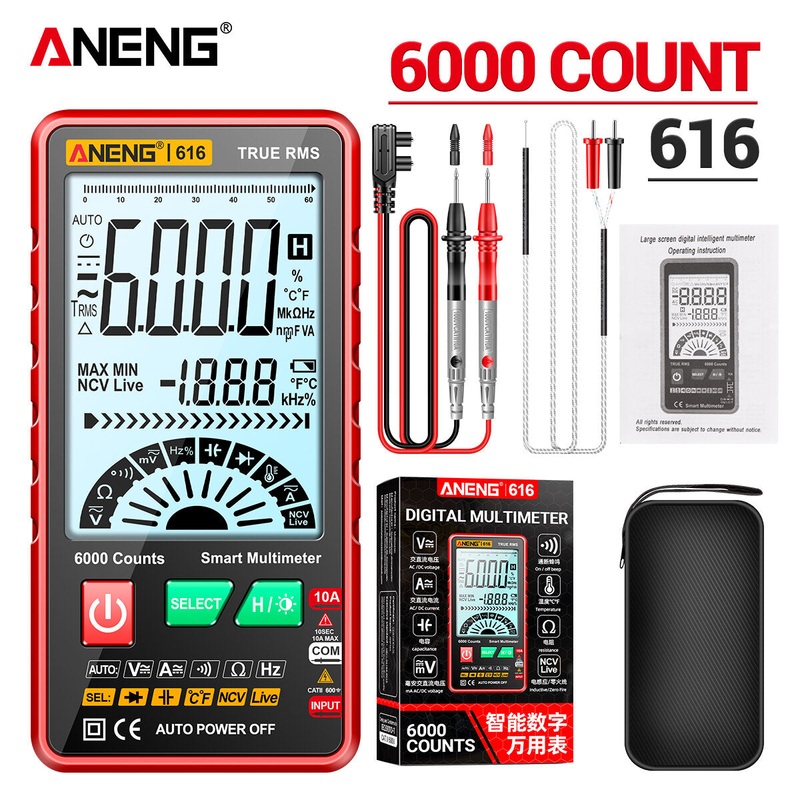 ANENG 616 Large Screen Backlight Digital Multimeter 6000 Counts Ultra thin Intelligent AC DC Voltage Current Multmetro TestTool