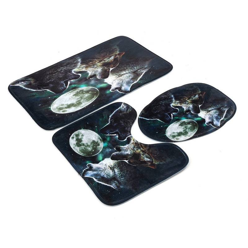 Moon Wolf Bathroom Pedestal Toilet Seat Mat Bath Lid Cover Shower Curtains Home Decorations