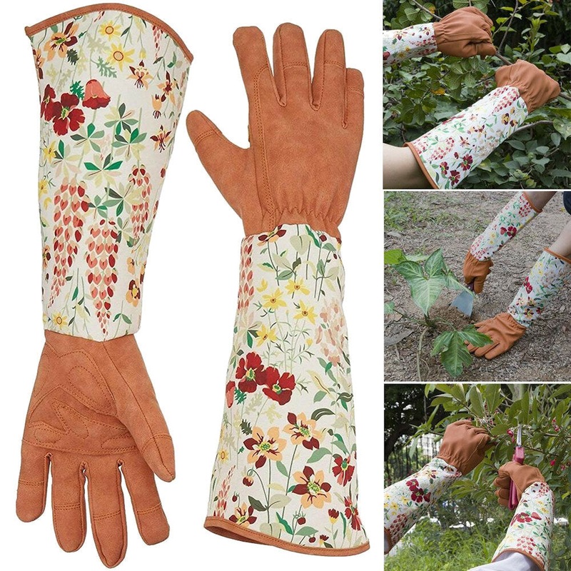 Non-Slip Housework Cleaning Gloves Breathable Flower Printed Nylon PU Household Long Sleeves Gardening Gloves