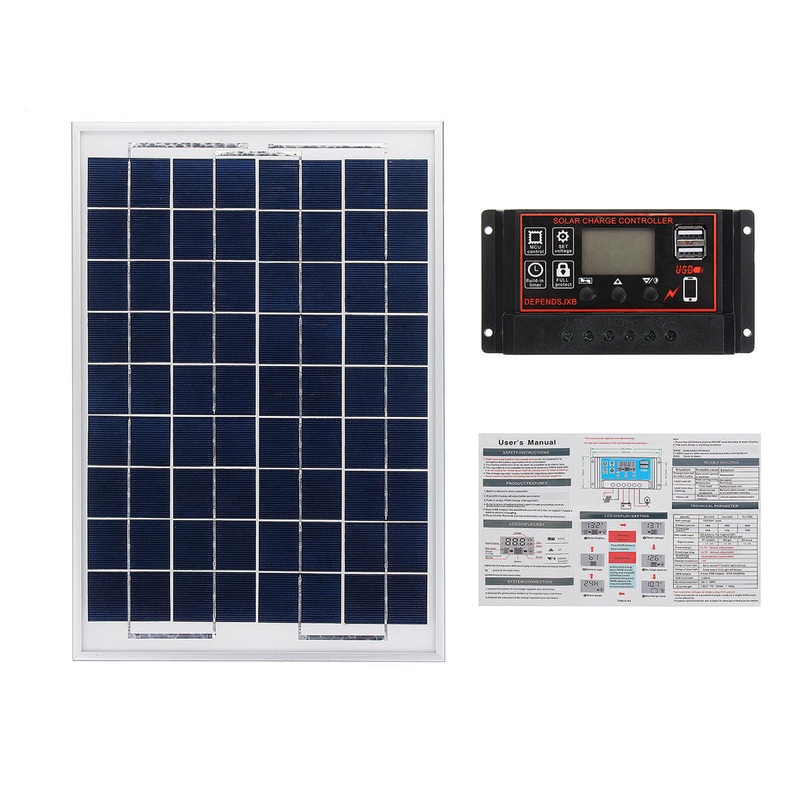 DEPENDSJXB 18V 20W Class A Polysilicon Solar Panel + 12V/24V 10~60A PWM Solar Controller with LCD Display Kit