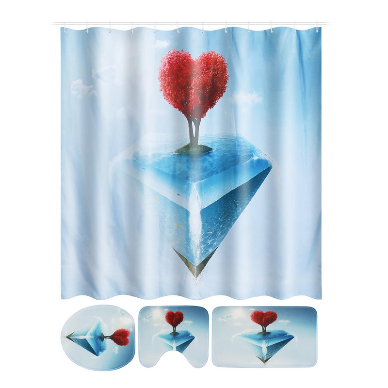 Love Waterproof Bathroom Shower Curtain Floor Mat Toilet Seat Cover Set