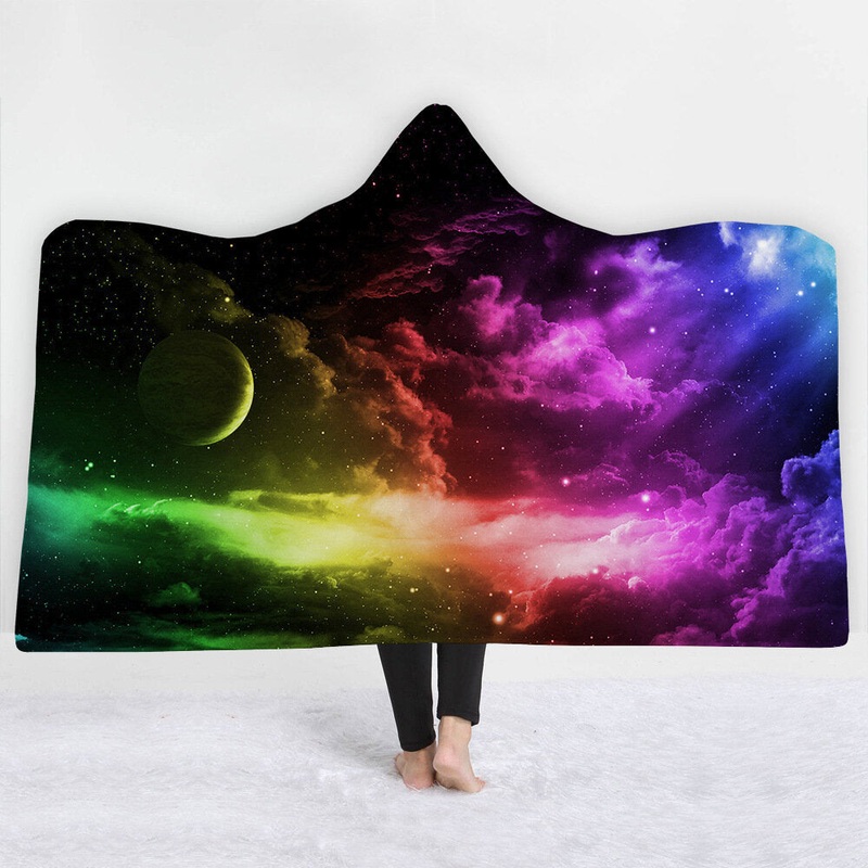 3D Starry Sky Pattern Keep Warm Hooded Blankets Multi-function Adult Kids Double-layer Warm Shawl Soft Pullover Blanket