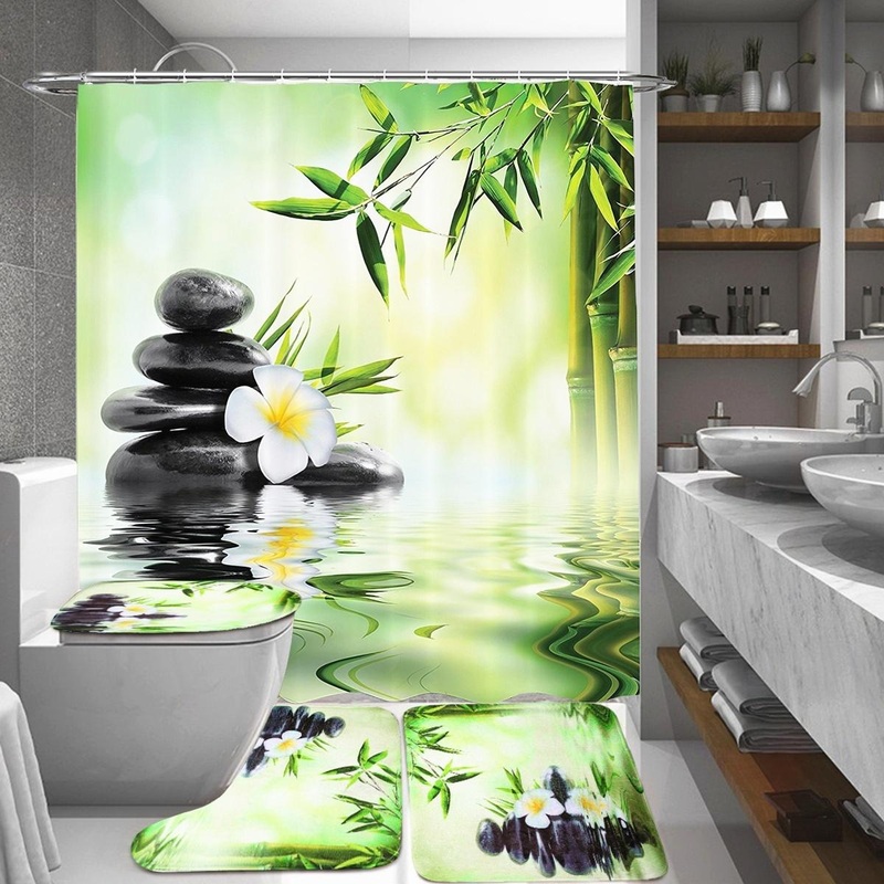 Bamboo Printed Bathroom Shower Curtain with 12 Hooks Non-Slip Toilet Seat Cover Mat Rugs