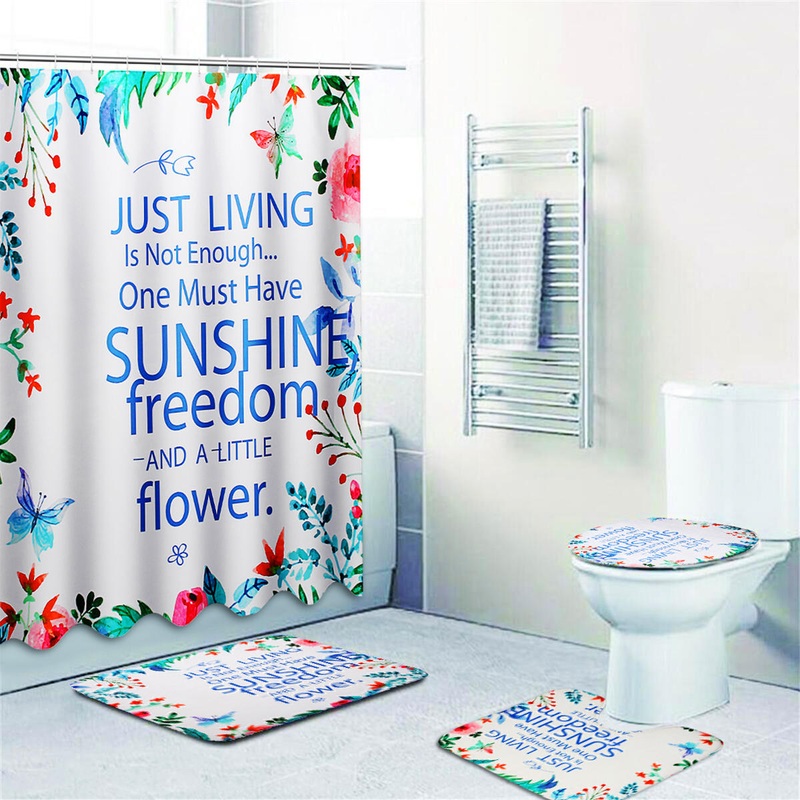 Sunshine Waterproof Bathroom Shower Curtain Toilet Cover Mat Non-Slip Rug Set