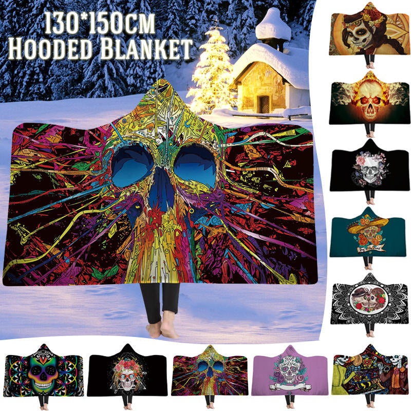 130x150cm Hooded Blankets 3D Colorful Printed Warm Wearable Plush Mat Thick Nap Soft