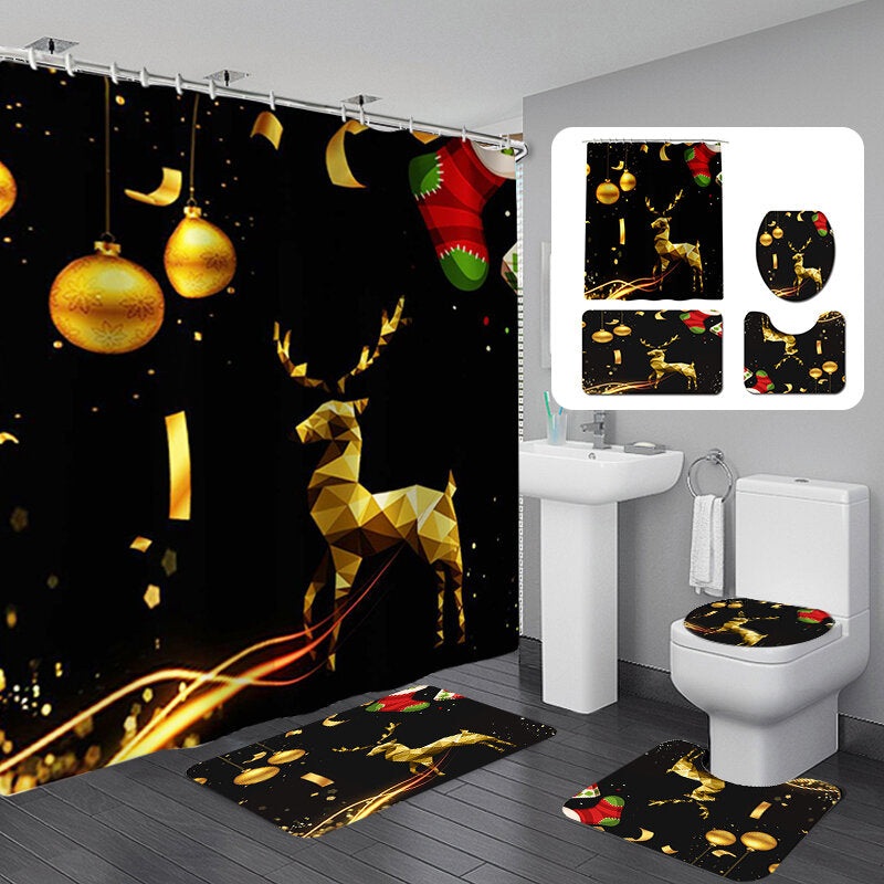 180×180 Waterproof Christmas Elk Shower Curtain Set Non-slip Bath Mat Toilet Lid Cover Floor Mat Set