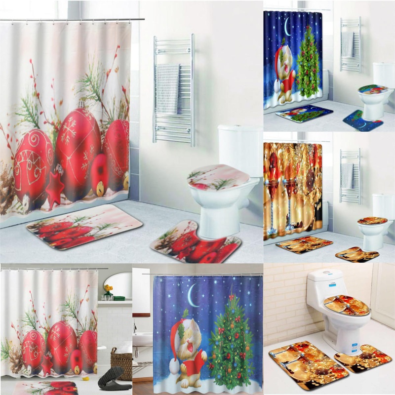 4Pc Bathroom Christmas Shower Curtain Pedestal Rug Lid Toilet Cover Bath Mat Set