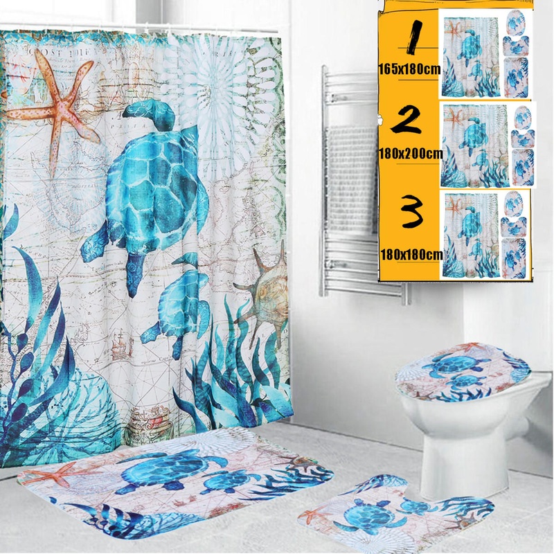 4PCS/SET Sea Turtles Non-slip Waterproof Shower Curtain Bathroom Decor Doormat Toilet Cover Mat Set(there are 3 size)