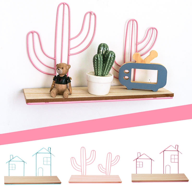 Mount Hanging Storage Shelf Rack Iron Cactus House Wood Board Wall Shelf Room Decor
