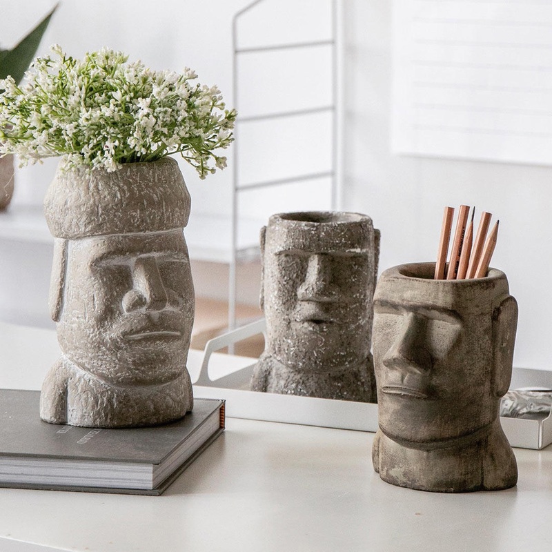 Yuihome Vintage Cement Easter Moai Stone Portrait Organizer Stone Statue Sandstone Flower Pot Pen Holder Desktop Container Decor
