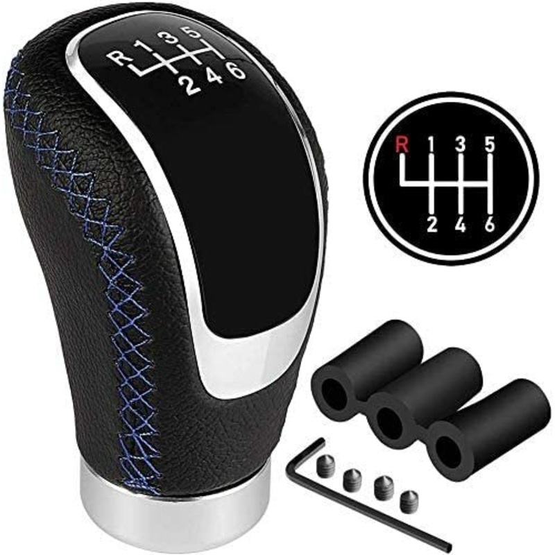 5Speed 6Speed 3 Caps Adapter Universal Manual MT Car Gear Stick Shift Shifter Knob Black Leather Blue Line