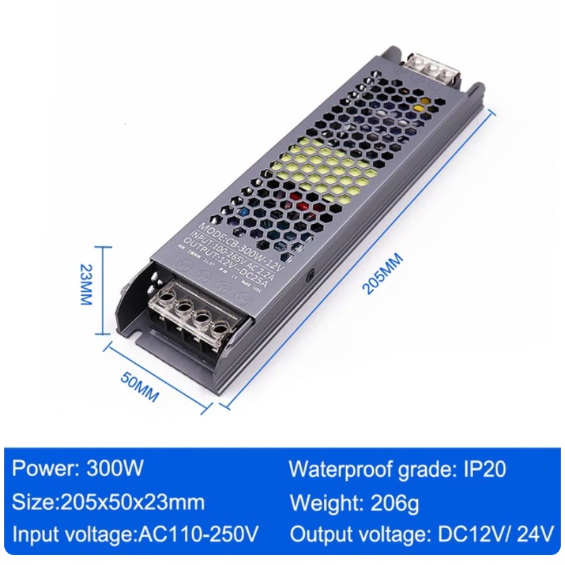 AC/DC 12V 24V Transformer 300W LED Driver Power Supply Super Thin A/D Converter for LED Strip Light Bulb
