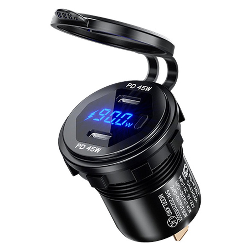 12-24V 90W Metal Car Charger Socket Dual 45W USB C Type C PD with ON/OFF Switch Voltage/Power Display for SUV Motorcycle Truck Boat Bus RV ATV