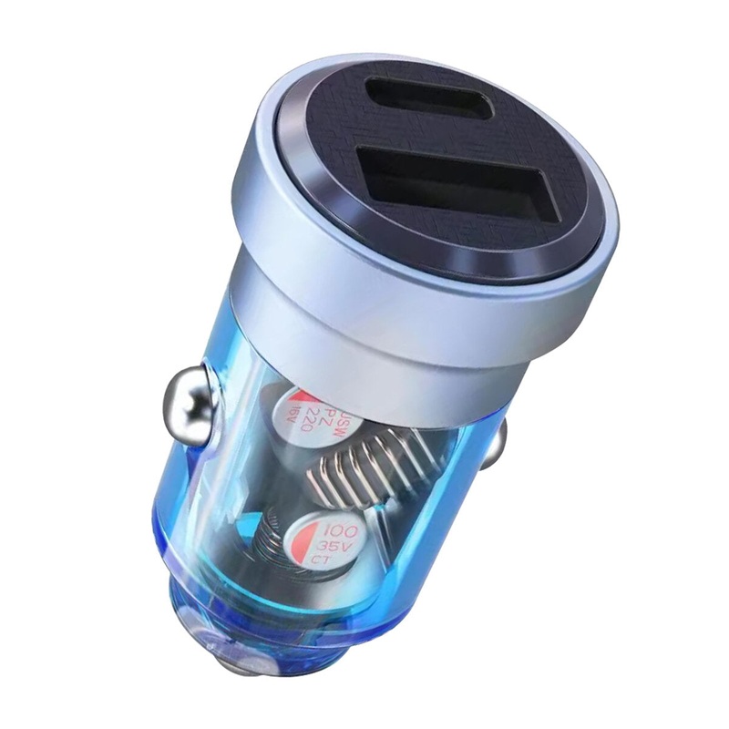 12-24V Dual USB Car Charger PD30W + QC18W Fast Charging Portable Mini Stylish Transparent Housing