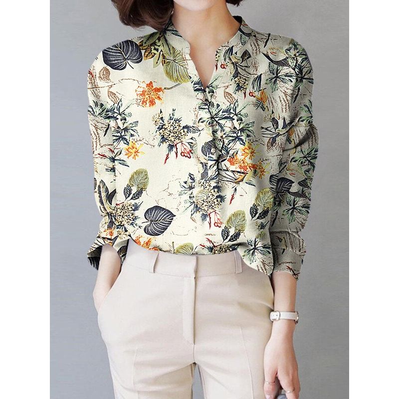 Allover Plants Print Long Sleeve Stand Collar Blouse
